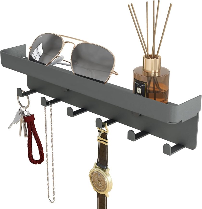 Rustic Key & Mail Organizer - 6 Key Hooks with Shelf & Tray, Adhesive Wall Mount for Entryway, Hallway, Living Room Decor, Metal, Gray
