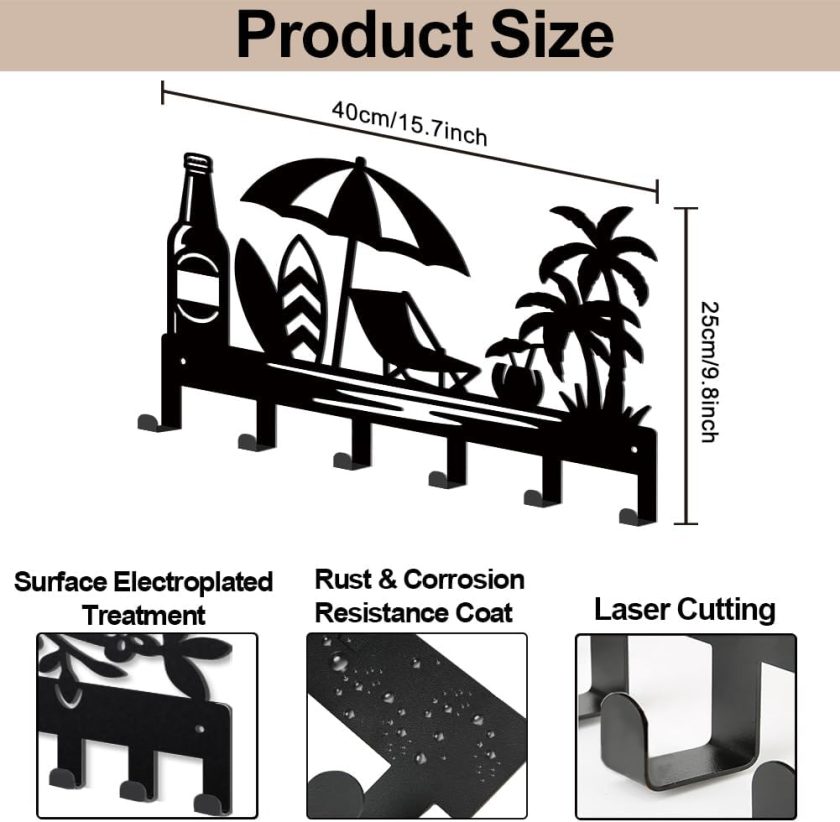 Summer Beach Metal Key Hook Coconut Tree Surfboards Coat Rack Wall Mounted 15.7×9.8inch Art Wall Decor Key Holder Organizer Rack with 6 Hooks for Gift Coats Hats Towels Bags Hanging - Image 2