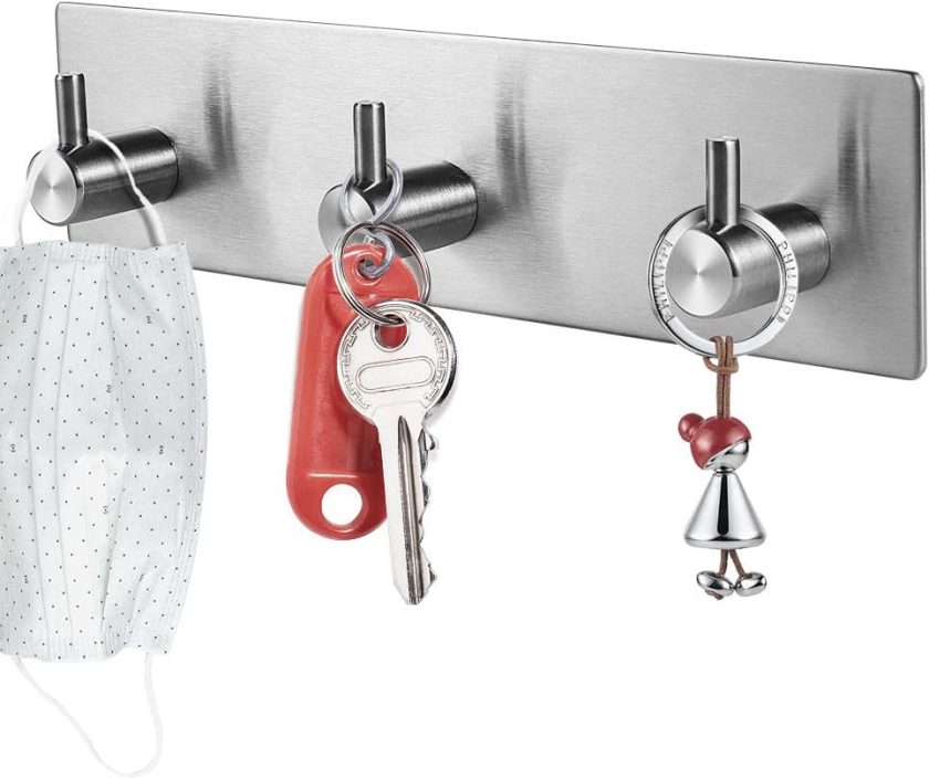 Key Holder for Wall Decorative, Adhesive Stainless Steel Key Hooks, Key Hanger Key Organizer for Wall, Towel Hook Coat Hanger for Entryway Hallway Kitchen(Three Rows,Sliver 1PCS)