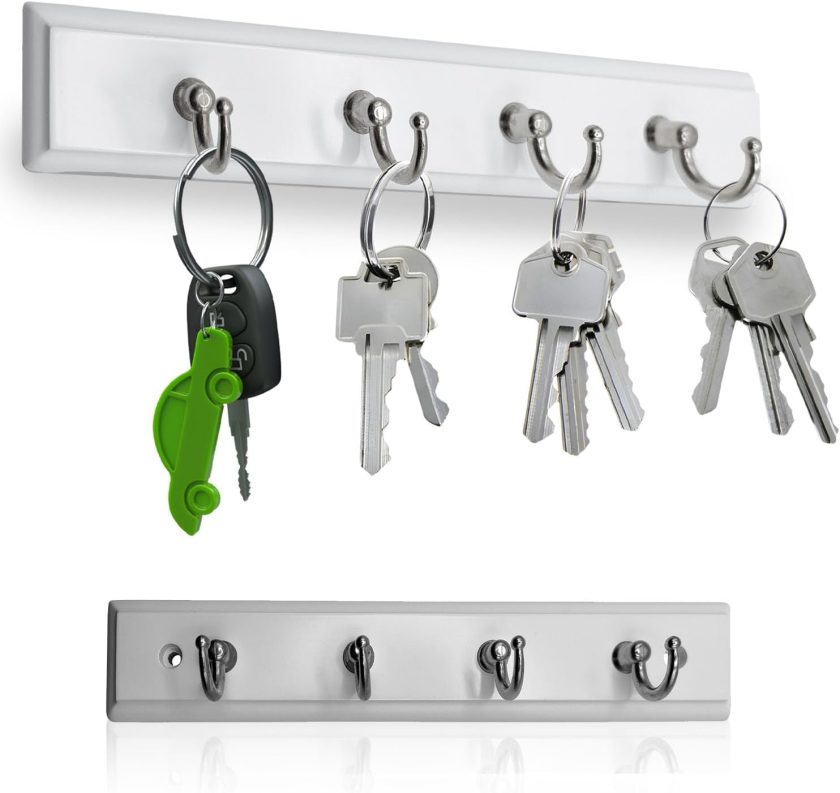 Wall Mounted Key Rail Rack Hanger Holder with 4 Hooks Storage Organizer Home Decor (White)