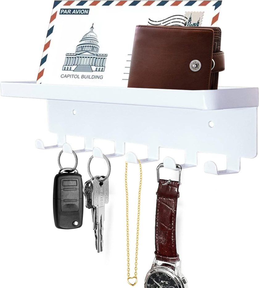 Key Holder for Wall, Key Hooks with Tray and 6 Hooks, Wall Mounted Key Holder for Hallway, Key Rack with Shelf for Mail Storage (White)
