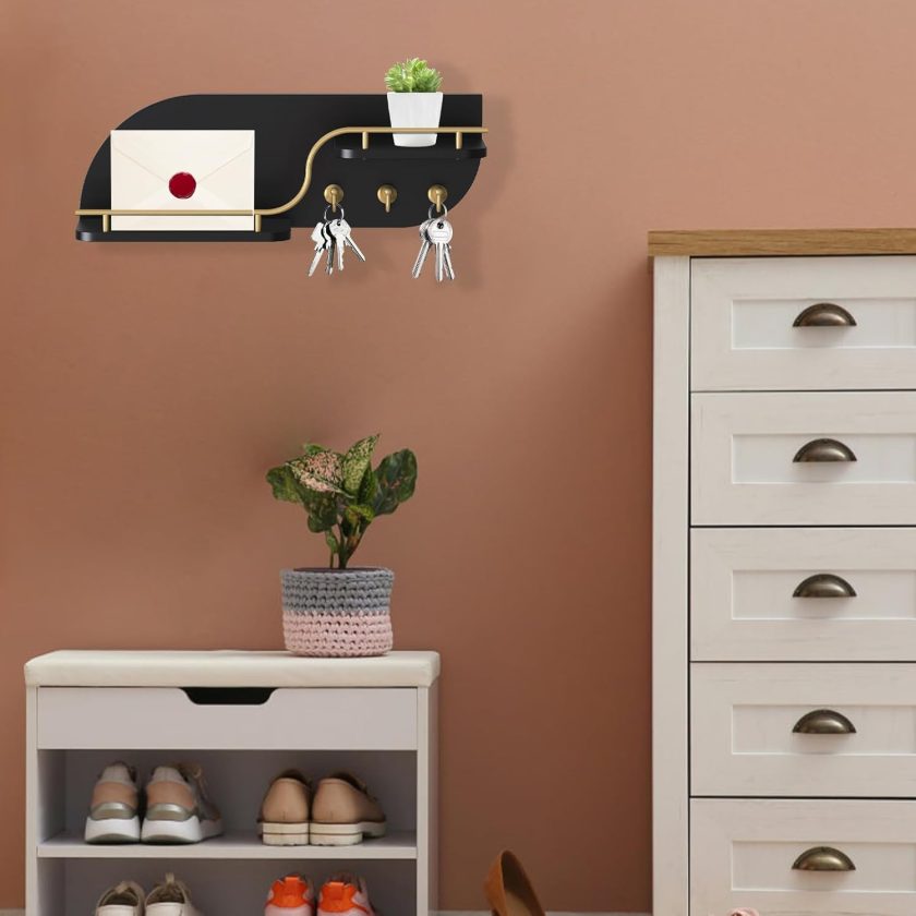 Key Holder for Wall, Decorative Key and Mail Organizer with 3 Metal Hooks and 2 Shelves, Wood Wall Mounted Key Rack for Entryway, Black - Image 2