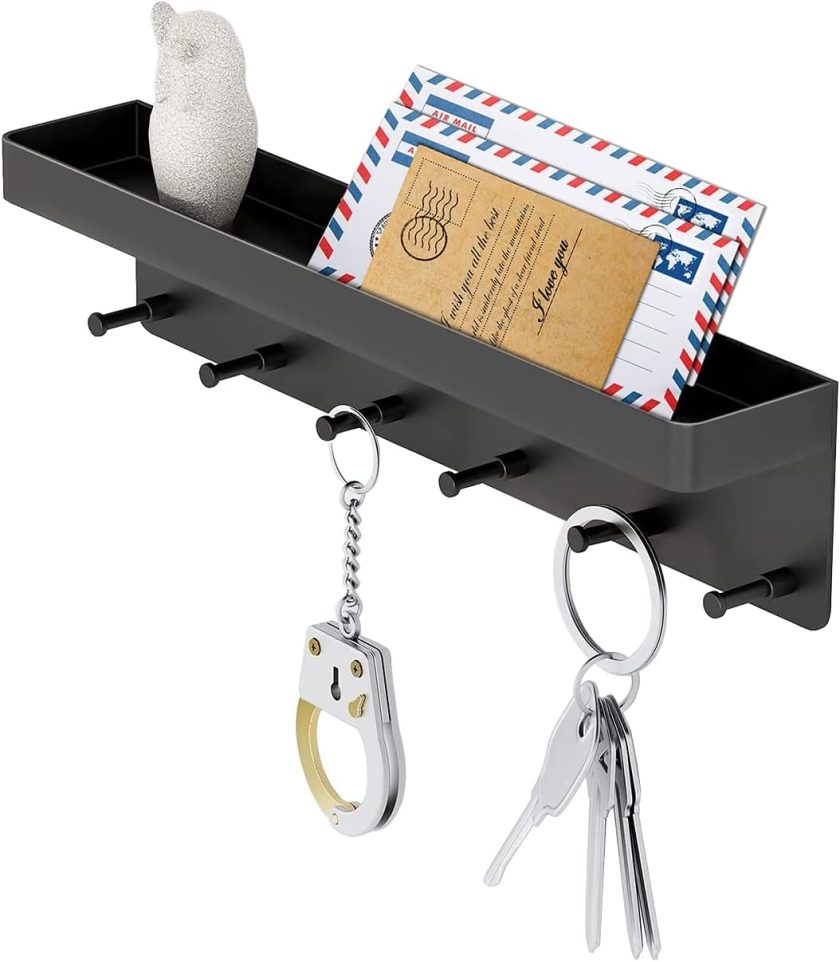 Key Holder Wall Mount, Key Holder Wall Mount Adhesive with Mail Organizer Tray with 6 Key Hooks for Wall, Black