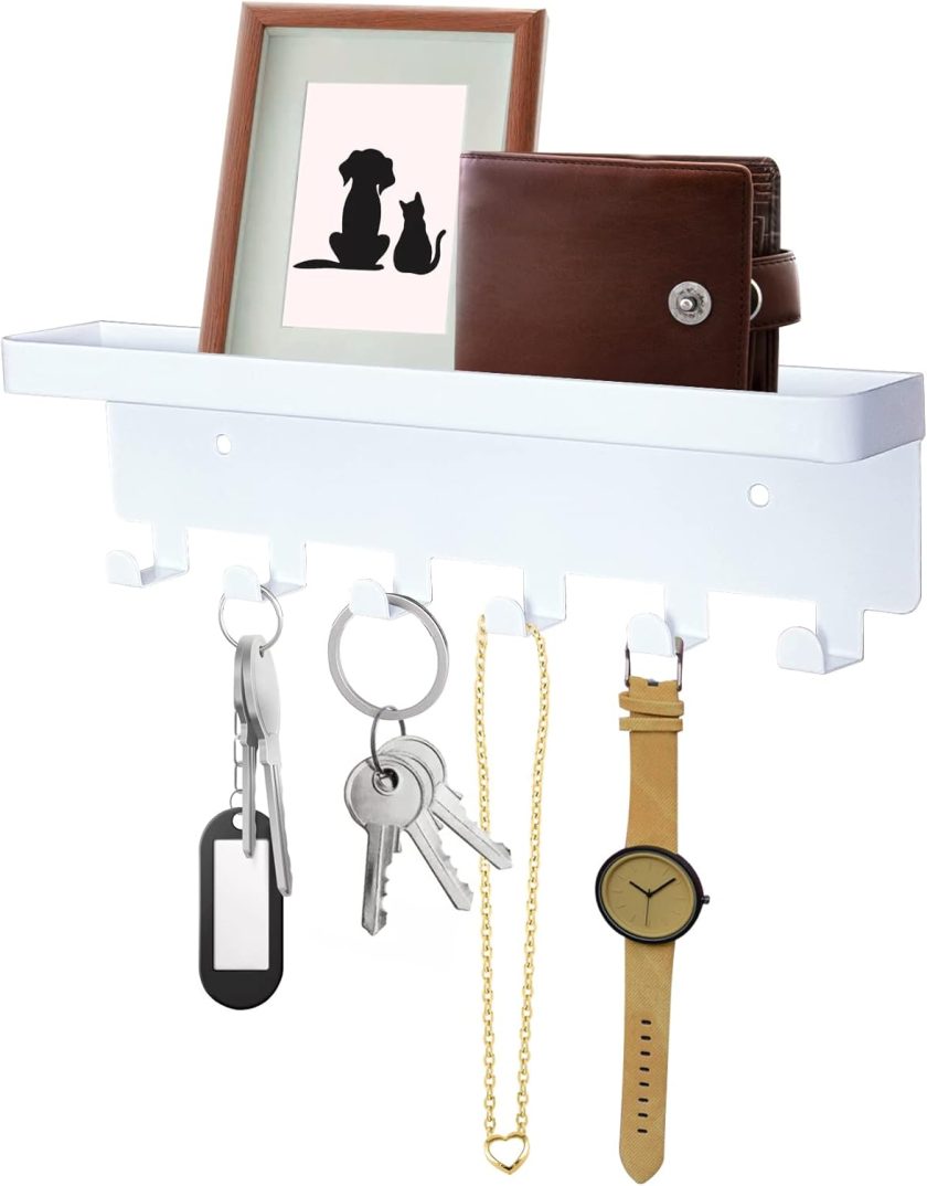 Key Holder for Wall, Key Hooks with Tray and 6 Hooks, Wall Mounted Key Holder for Hallway, Key Rack with Shelf for Mail Storage (White) - Image 2