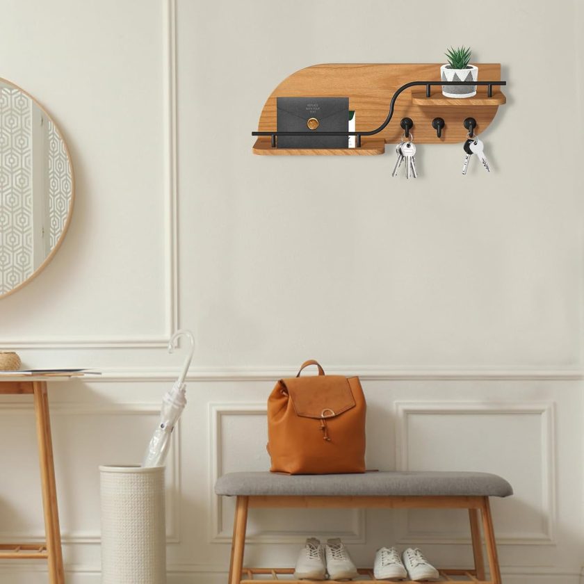 Modern Decorative Key and Mail Holder with 2 Floating Shelves, Wood Wall Mounted Key Organizer with 3 Metal Hooks for Home Entryway, Brown - Image 2
