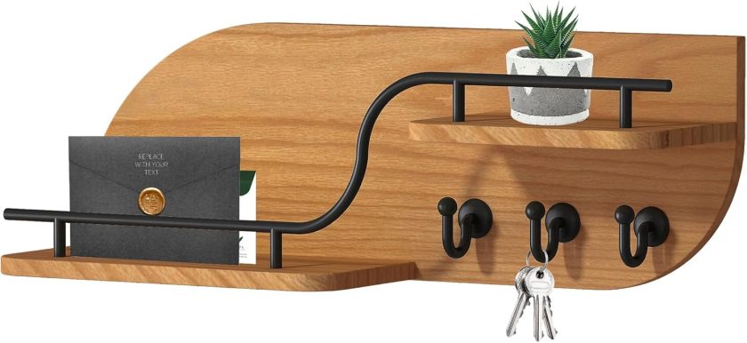 Modern Decorative Key and Mail Holder with 2 Floating Shelves, Wood Wall Mounted Key Organizer with 3 Metal Hooks for Home Entryway, Brown