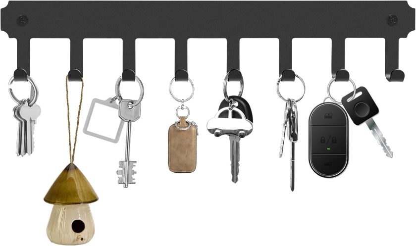 Key Holder for Wall, Key Hooks with 8 Hooks Wall Mounted Black Key Hanger Self Adhesive Key Racks Organizer for Hallway Doorway Entryway Bathroom Kitchen Living Room