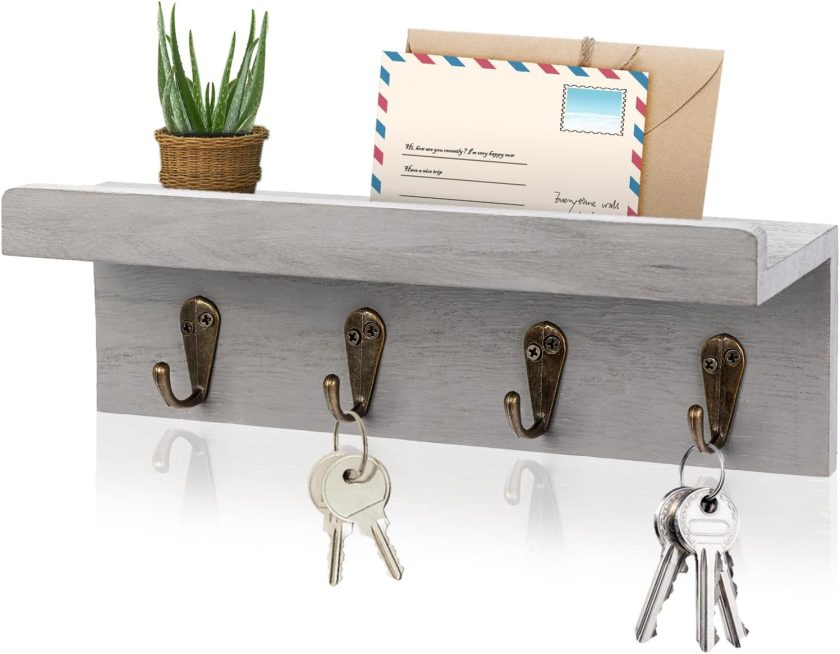 Rustic Key Holder for Wall, Farmhouse Wall Shelf with 4 Hooks, Wall Mounted Key Racks, Wooden Mail Organizer with Hooks for Entryway (Grey)