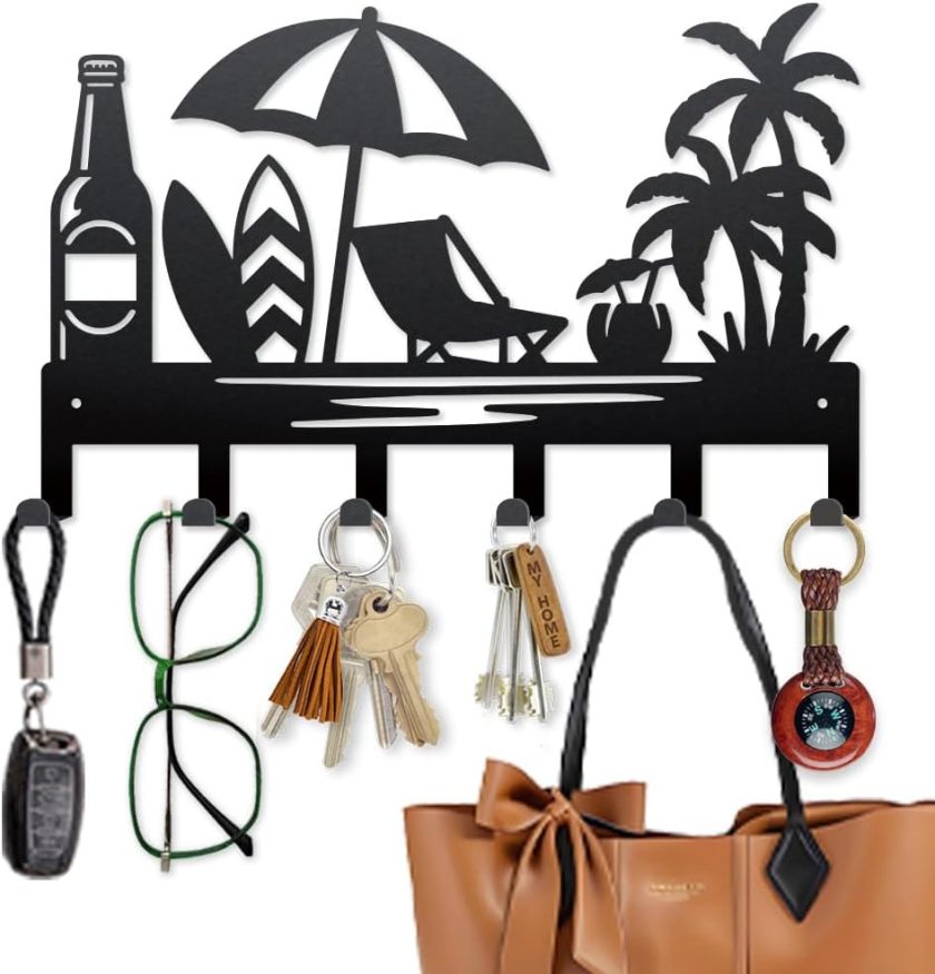 Summer Beach Metal Key Hook Coconut Tree Surfboards Coat Rack Wall Mounted 15.7×9.8inch Art Wall Decor Key Holder Organizer Rack with 6 Hooks for Gift Coats Hats Towels Bags Hanging