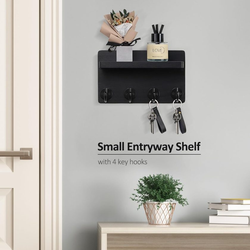 Key Holder Wall Mount, 8.5 Inch Small Home Decor Wooden Wall Organizer with 4 Hooks and Shelf, Wall Decor for Living Room Entryway Kitchen (Black) - Image 2