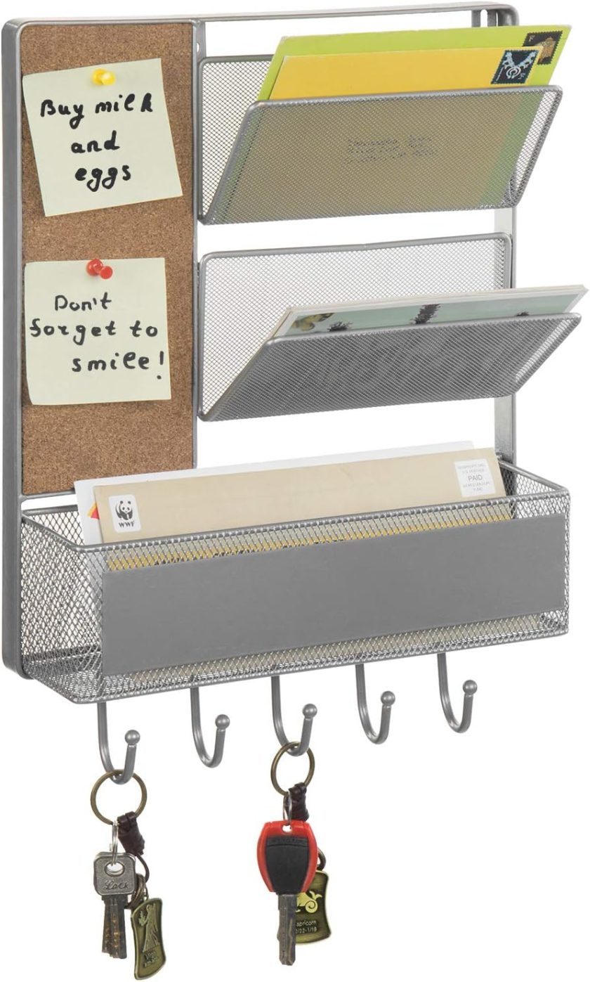 16 x 12 Inch Wall Mounted Silver Tone Metal Office Organizer, Entryway Hanging 2 Slot Mail Sorter, Storage Bin Basket, Small Corkboard, and 5 Hook Key Holder