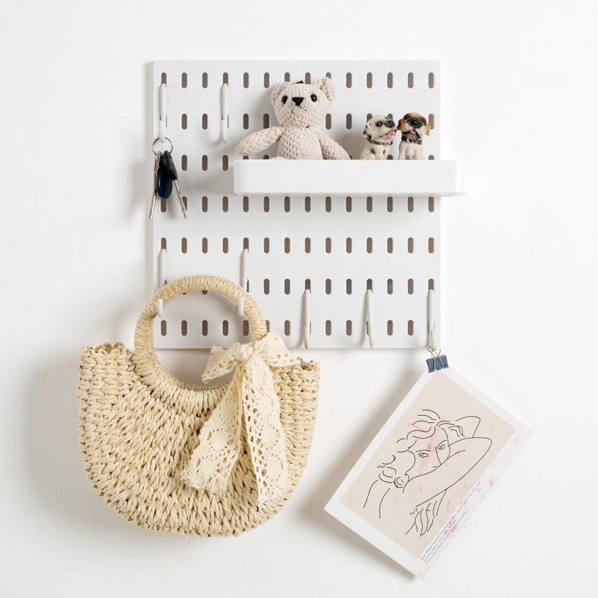 White Pegboard Wall Organizer, Pegboard Combination Kit for Home, Office, Small Peg Board Gaming, Key Holder, Peg Board Wall Mounted(Hooks)