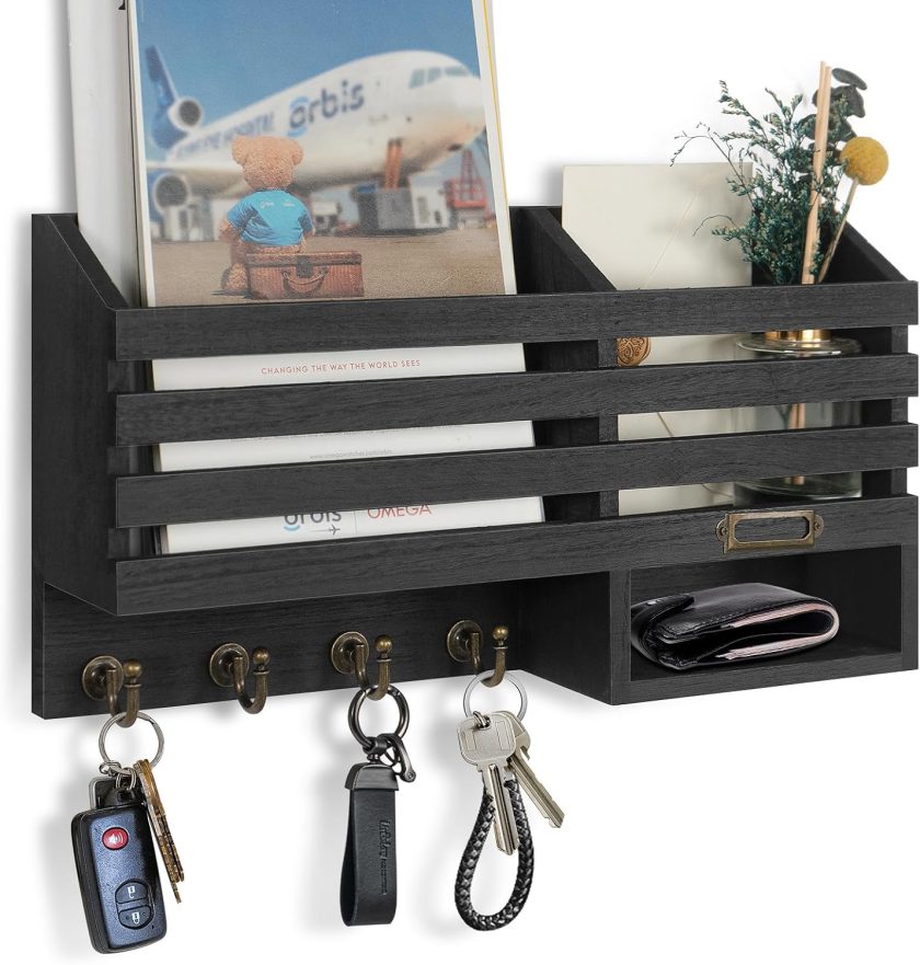 Key Holder for Wall: Easy Mounted Key Rack and Mail Organizer with Store Shelf and Four Sturdy Keys Hooks Decor in Kitchen|Farmhouse|Entryway|Mudroom (Black)