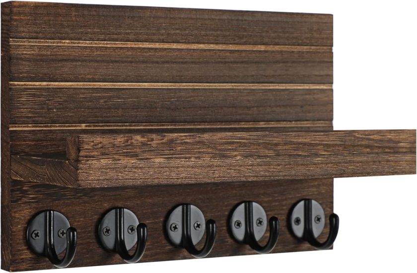Key Holder for Wall, Decorative Key and Mail Holder with Shelf Has Large Key Hooks for Bags, Coats – Paulownia Wood Key Hanger with Mounting Hardware (9.8”W x 6.7”H x 4.2”D) (Brown) - Image 2