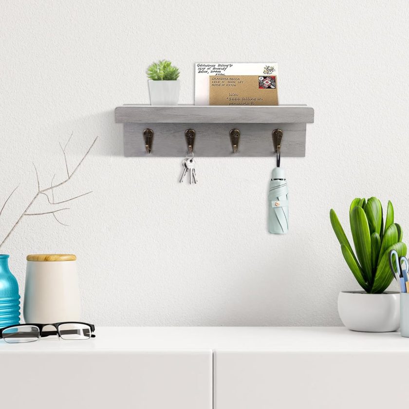 Rustic Key Holder for Wall, Farmhouse Wall Shelf with 4 Hooks, Wall Mounted Key Racks, Wooden Mail Organizer with Hooks for Entryway (Grey) - Image 2