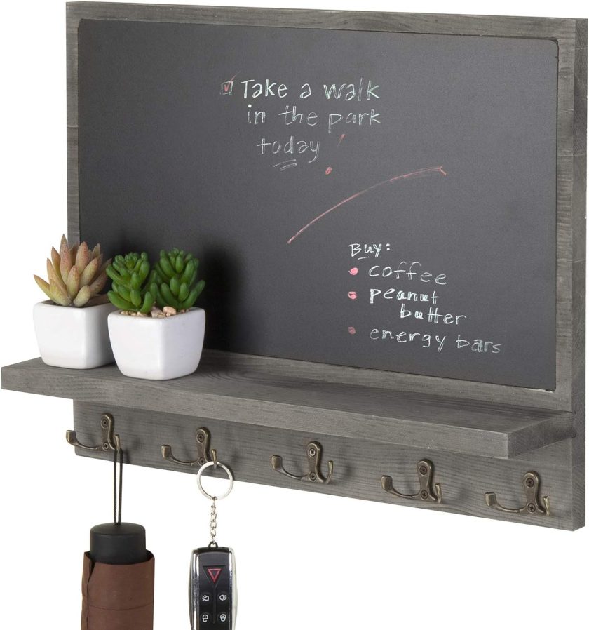 Wall Mounted Dark Gray Wood Framed Chalkboard Sign with Storage Display Shelf and 5 Dual-Prong Key Holder Hooks - Decorative Entryway Family Message Board