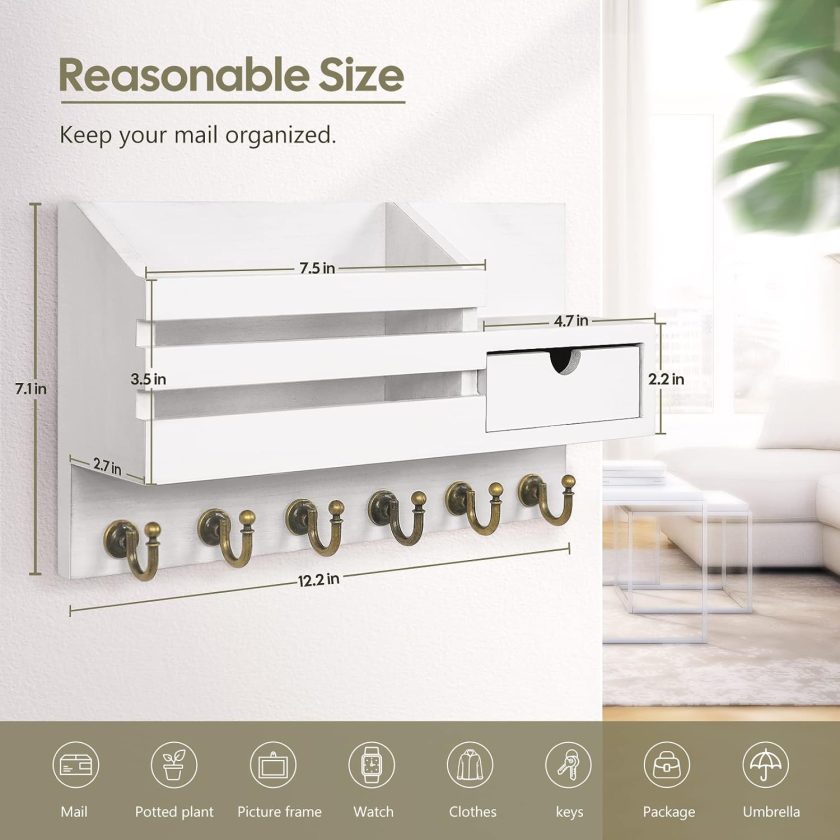 Key and Mail Holder For Wall, Mail Organizer Wall Mount with 6 Hooks and Storage Drawer, Easy Installation Key Rack for Entryway and Home Decor (A-White)