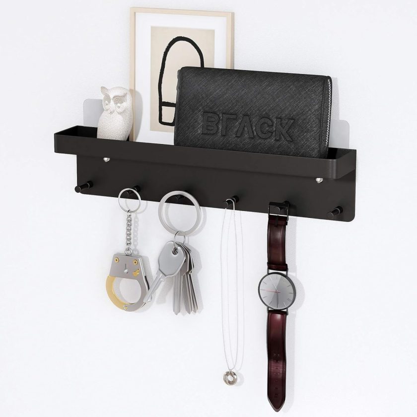 Key Holder Wall Mount, Key Holder Wall Mount Adhesive with Mail Organizer Tray with 6 Key Hooks for Wall, Black - Image 2