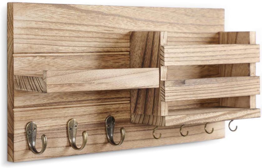 Mail Organizer for Wall Mount – Key Holder with Shelf Includes Letter Holder and Hooks for Coats, Dog Leashes – Rustic Wood with Flush Mounting Hardware (16.5” x 8.7” x 3.5”) (Wood)