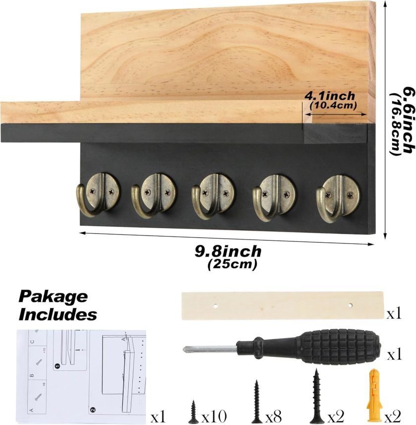 Key Holder for Wall with Shelf - Square Wood Mail Organizer and Rack with Shelf Hooks Wall Mounted for Entryway Decor Magazines Letter Storage Farmhouse Living Room Bedroom Doorway Black - Image 2