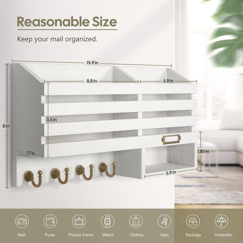 Key Holder for Wall: Easy Mounted Key Rack and Mail Organizer with Store Shelf and Four Sturdy Keys Hooks Decor in Kitchen|Farmhouse|Entryway|Mudroom (White) - Image 2