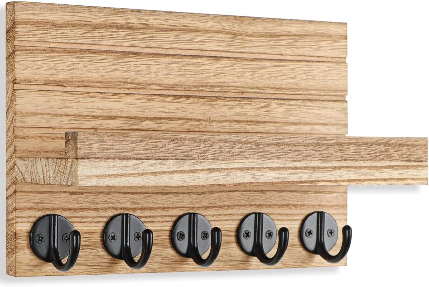 Key Holder for Wall, Decorative Key and Mail Holder with Shelf Has Large Key Hooks for Bags, Coats – Paulownia Wood Key Hanger with Mounting Hardware (9.8”W x 6.7”H x 4.2”D) (Burnt Wood) - Image 2