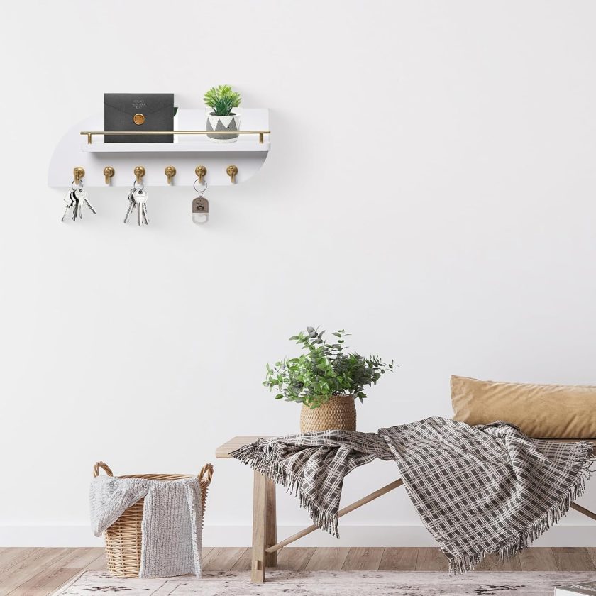 Key Holder for Wall, Decorative Key and Mail Organizer with 6 Sturdy Metal Hooks and Floating Shelf, 14 Inches Wood Wall Mounted Key Rack for Entryway, White and Gold - Image 2