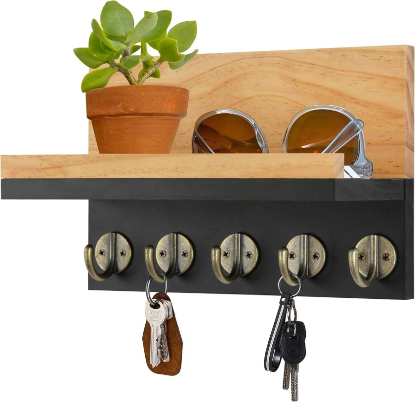 Key Holder for Wall with Shelf - Square Wood Mail Organizer and Rack with Shelf Hooks Wall Mounted for Entryway Decor Magazines Letter Storage Farmhouse Living Room Bedroom Doorway Black