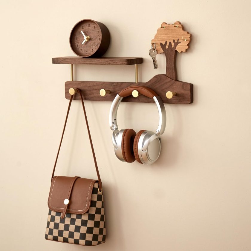 Coat Rack Wall Mount with Shelf - 16Inch Entryway Hanging Shelf with 4 Brass Hooks for Jacket Backpack Hats Key Clothes Towel Purse Robes, Wood Wall-Mounted Hanger Storage for Hallway Bathroom Bedroom - Image 2