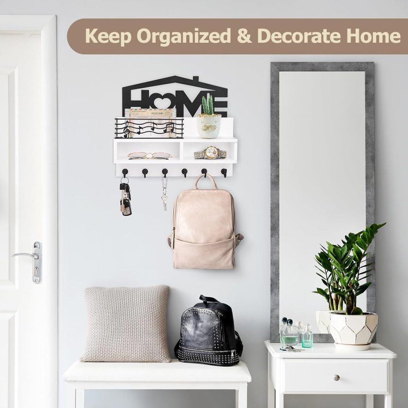 Key Holder Wall Mount, Decorative Wooden Mail and Key Organizer with Storage Basket and Shelf, 2 Compartments, 6 Hooks, White - Image 2