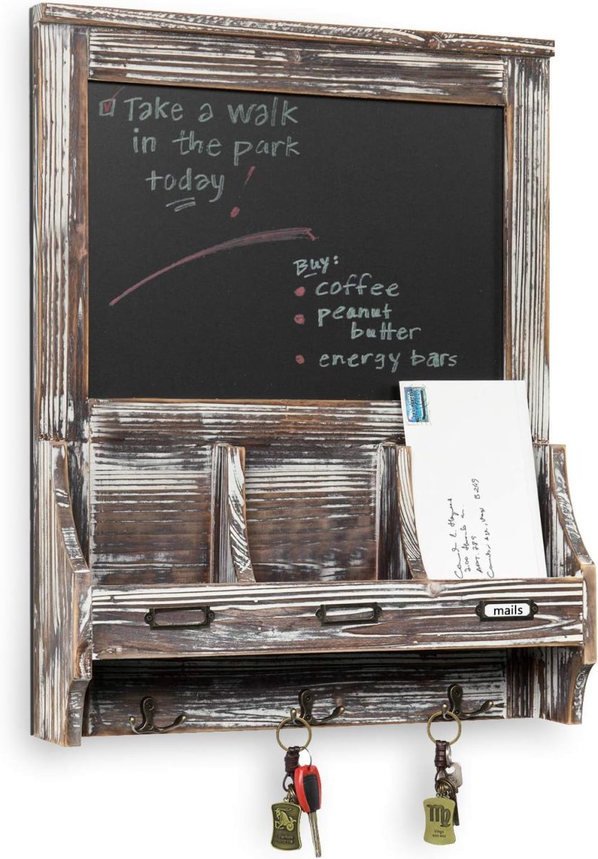 Wall Mounted Entryway Mail Holder and Key Organizer Rack in Rustic Torched Wood Finish with Decorative Chalkboard