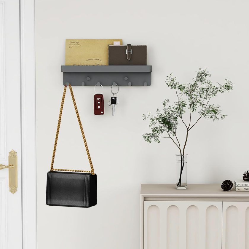 Rustic Key & Mail Organizer - 6 Key Hooks with Shelf & Tray, Adhesive Wall Mount for Entryway, Hallway, Living Room Decor, Metal, Gray - Image 2