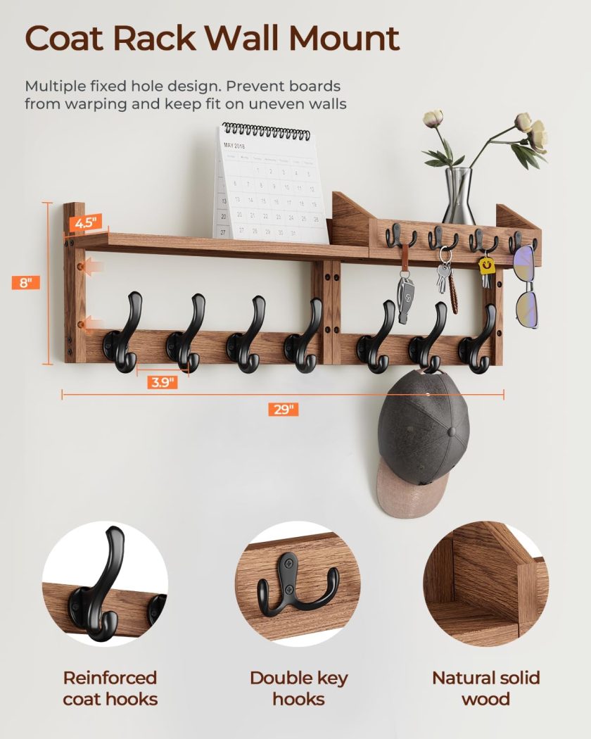 29" Coat Rack Wall Mount with Shelf, 4 in 1 Entryway Key Holder with 7 Coat Hooks 4 Key Hangers Mail Organizer, Wood Wall Shelf for Living Room, Bedroom, Bathroom - Image 2