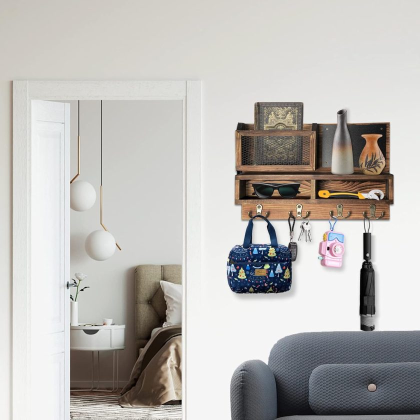Key Holder for Wall, Mail Organizer Wall Mount with Key Hooks and Wallet Holder, Sunglasses Storage and Dog Leash Hanger, Decorative with 4 Double Hooks and Chalkboard - Image 2