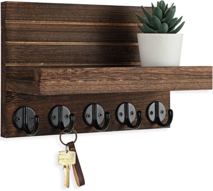 Key Holder for Wall, Decorative Key and Mail Holder with Shelf Has Large Key Hooks for Bags, Coats – Paulownia Wood Key Hanger with Mounting Hardware (9.8”W x 6.7”H x 4.2”D) (Brown)
