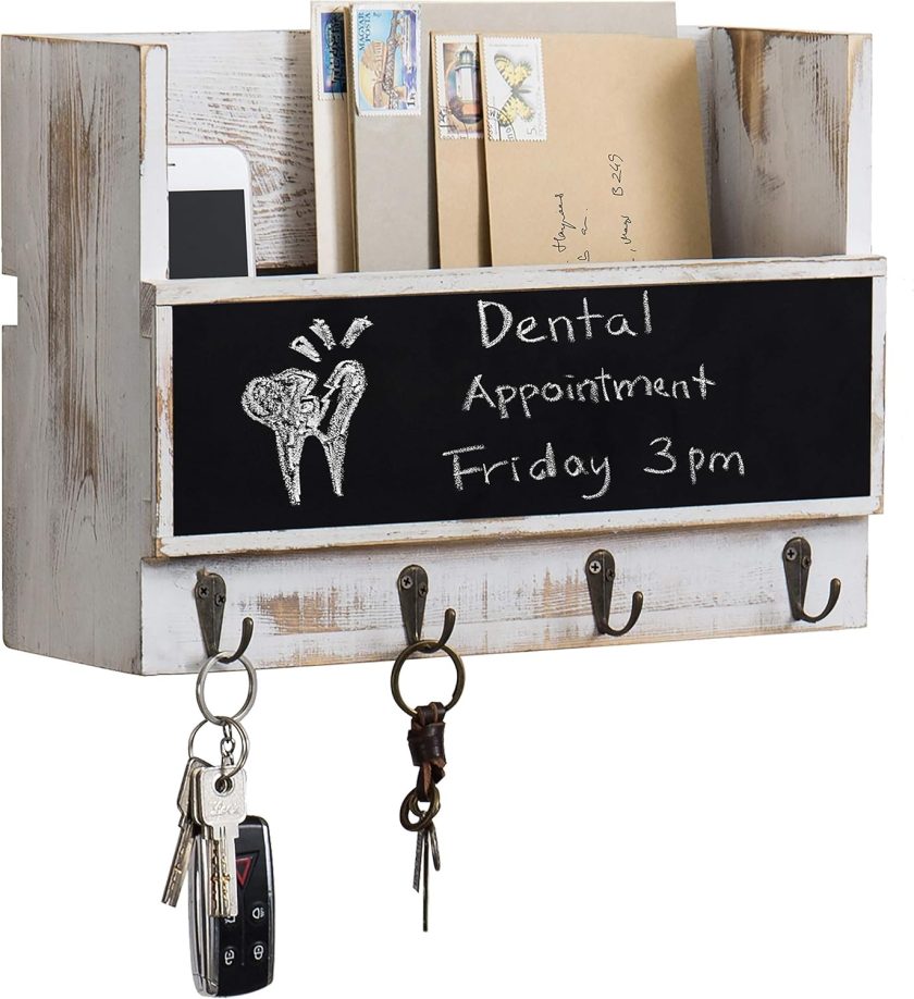 Wall Mounted Entryway Mail and Letter Storage Holder and Key Rack Organizer in Whitewashed Solid Wood Finish with Erasable Chalkboard Panel and 4 Hooks