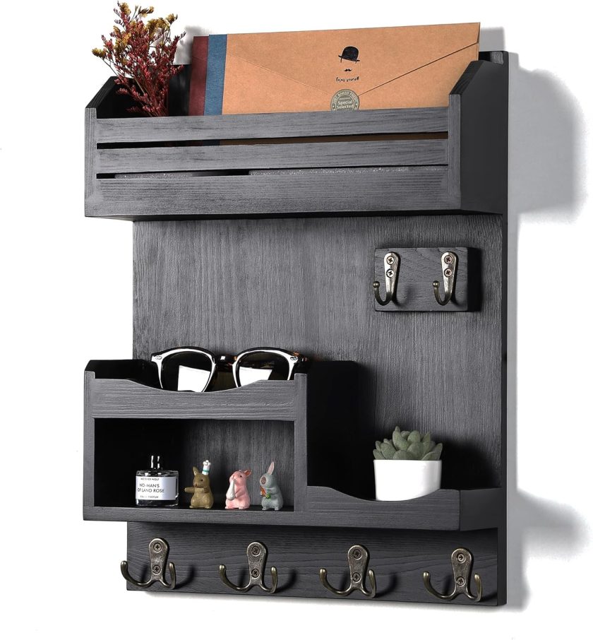 Key Holder for Wall, Mail and Key Holder, Mail Organizer Wall Mounted with 6 Key Hooks, Key Holder for Home&Office Decor, Luxury Black
