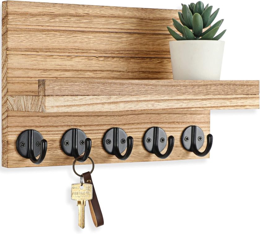 Key Holder for Wall, Decorative Key and Mail Holder with Shelf Has Large Key Hooks for Bags, Coats – Paulownia Wood Key Hanger with Mounting Hardware (9.8”W x 6.7”H x 4.2”D) (Burnt Wood)