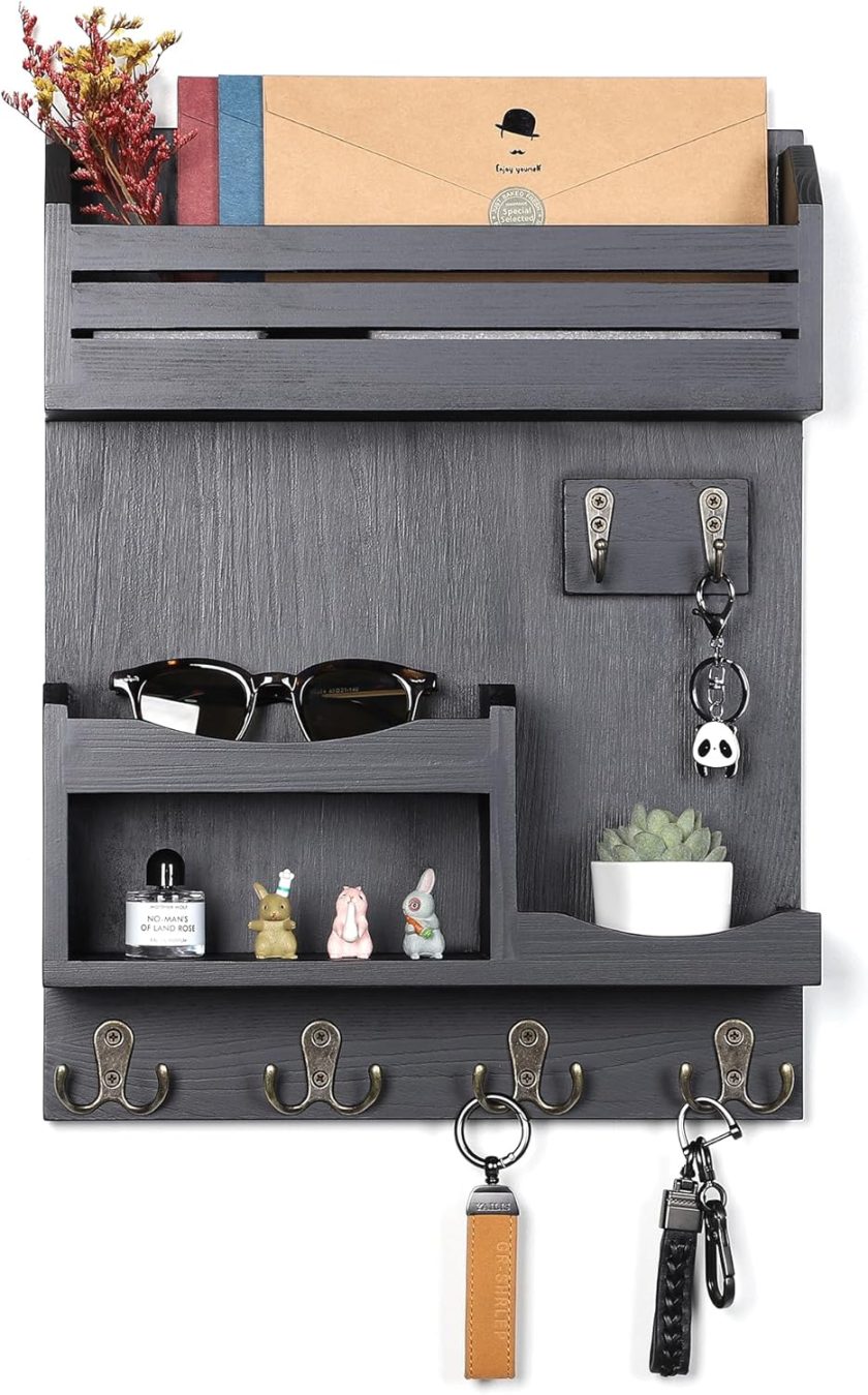 Key Holder for Wall, Mail and Key Holder, Mail Organizer Wall Mounted with 6 Key Hooks, Key Holder for Home&Office Decor, Luxury Black - Image 2