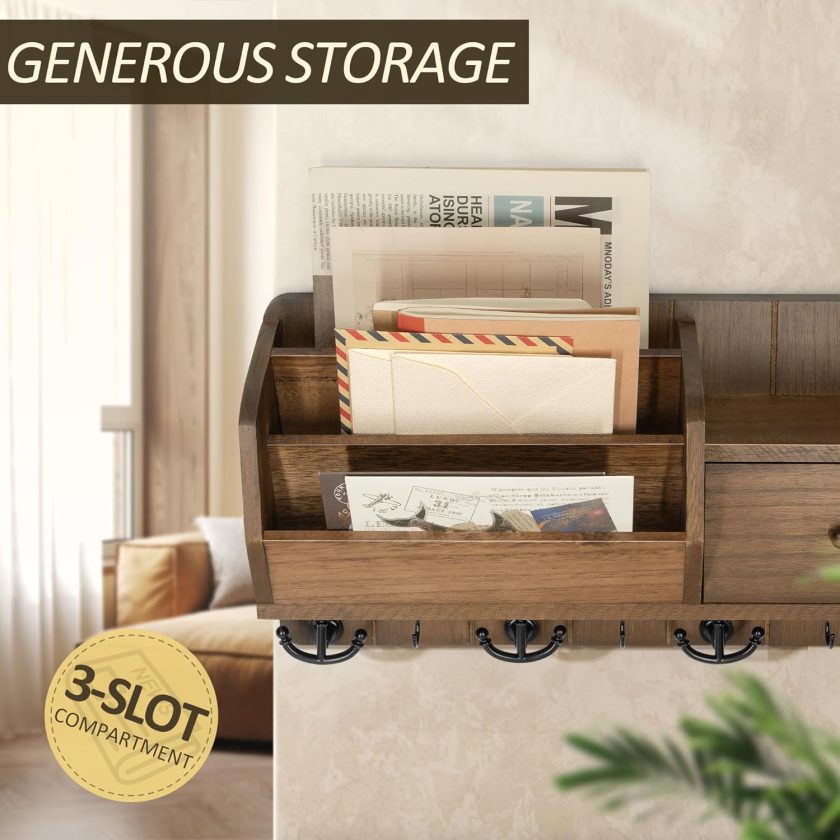 Key and Mail Holder Wall Mount - Mail Organizer Wall Mount with Storage Hooks and Drawer for Modern Farmhouse Decor - Mail Organizer Wall Mounted for Rustic Apartment Essentials (Brown) - Image 2