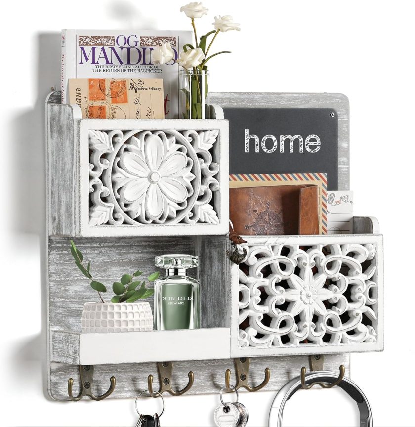 Mail Organizer Wall Mounted, 2 Slots Key Holder for Wall with 8 Hooks, Rustic Wood Key Rack with Shelf for Entryway Hallwall Farmhouse House Warming Gifts New Home