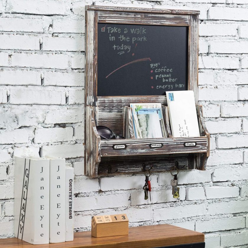 Wall Mounted Entryway Mail Holder and Key Organizer Rack in Rustic Torched Wood Finish with Decorative Chalkboard - Image 2