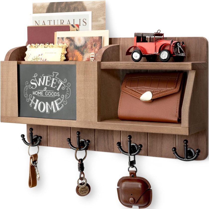 Farmhouse Key and Mail Holder for Wall - Mail Organizer with Chalkboard and 4 Hooks - Rustic Home Decor for Entryway