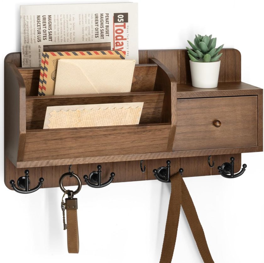 Key and Mail Holder Wall Mount - Mail Organizer Wall Mount with Storage Hooks and Drawer for Modern Farmhouse Decor - Mail Organizer Wall Mounted for Rustic Apartment Essentials (Brown)