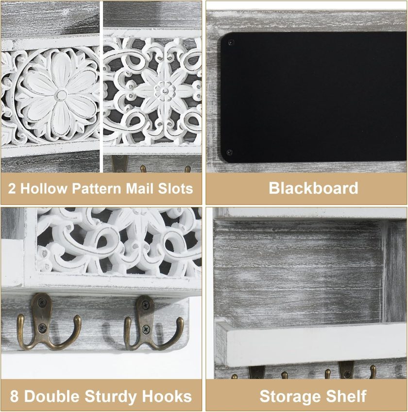 Mail Organizer Wall Mounted, 2 Slots Key Holder for Wall with 8 Hooks, Rustic Wood Key Rack with Shelf for Entryway Hallwall Farmhouse House Warming Gifts New Home - Image 2