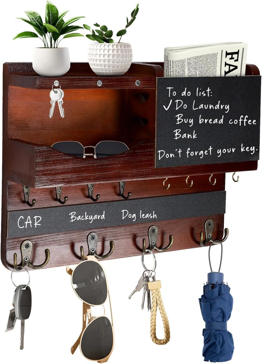 Key Holder for Wall, Rustic Mail and Key Organizer Wall Mount and Wallet Holder, Entryway Key Holder with Shelf Chalkboard for Coat Sunglasses Dog Leash