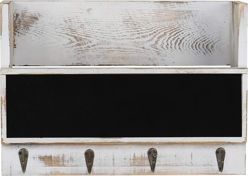 Wall Mounted Entryway Mail and Letter Storage Holder and Key Rack Organizer in Whitewashed Solid Wood Finish with Erasable Chalkboard Panel and 4 Hooks - Image 2