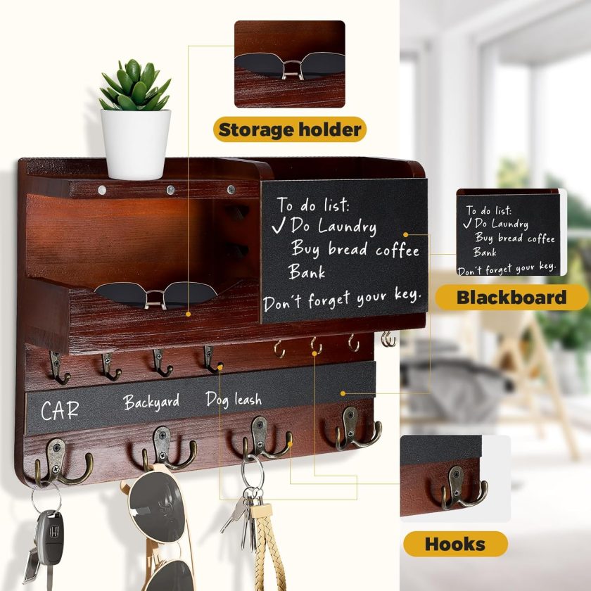Key Holder for Wall, Rustic Mail and Key Organizer Wall Mount and Wallet Holder, Entryway Key Holder with Shelf Chalkboard for Coat Sunglasses Dog Leash - Image 2