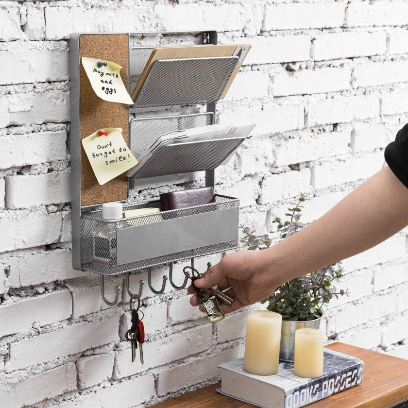 16 x 12 Inch Wall Mounted Silver Tone Metal Office Organizer, Entryway Hanging 2 Slot Mail Sorter, Storage Bin Basket, Small Corkboard, and 5 Hook Key Holder - Image 2