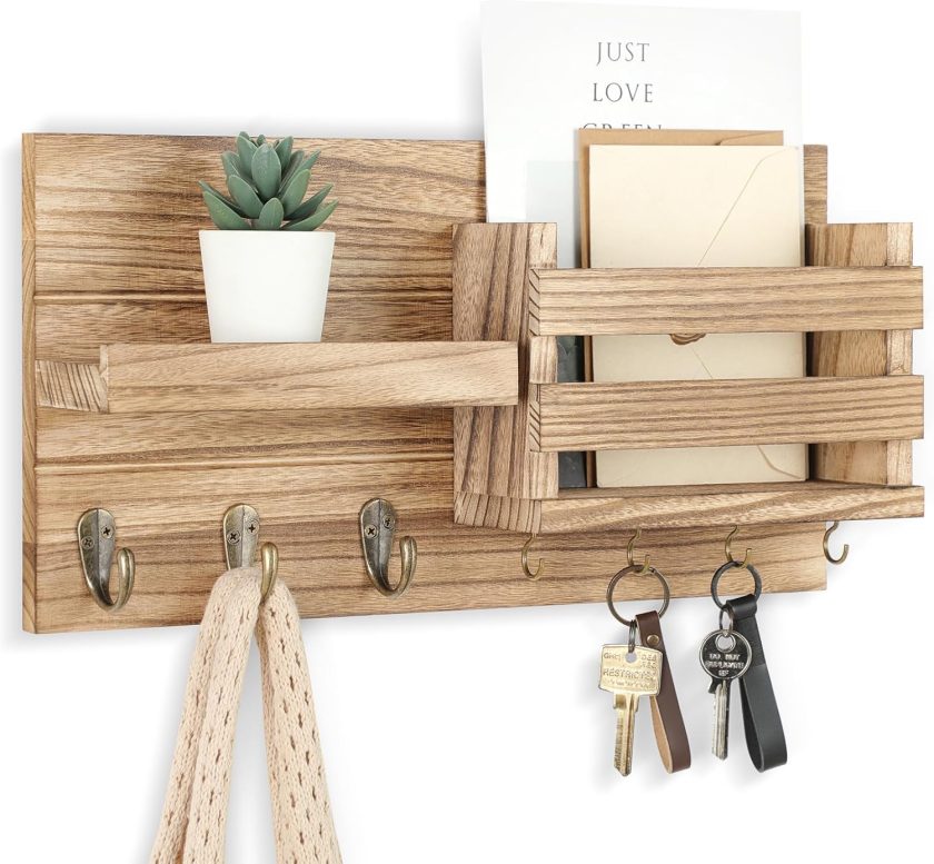 Mail Organizer for Wall Mount – Key Holder with Shelf Includes Letter Holder and Hooks for Coats, Dog Leashes – Rustic Wood with Flush Mounting Hardware (16.5” x 8.7” x 3.5”) (Wood)
